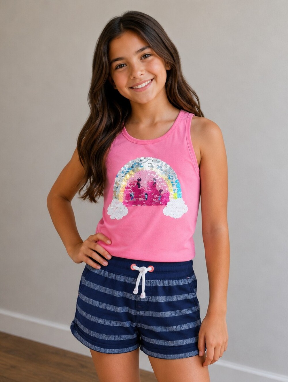 10-12 Girls Flip Sequins Watermelon Tank Top And Shorts